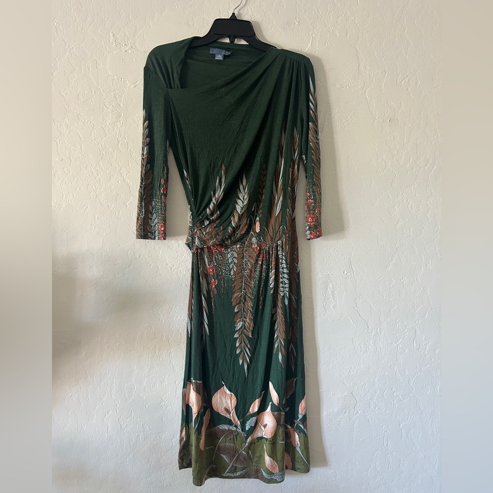 Anthropologie “Calla Lily” Green Floral Asymmetrical Maxi Dress –‎ Size S